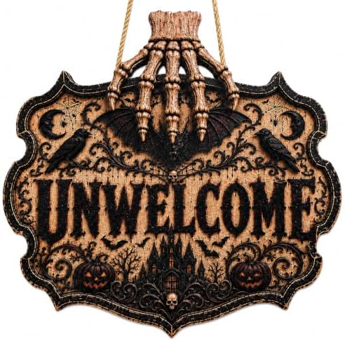 Halloween Decorations - 2D Printed Flat Gothic Unwelcome Wooden Sign by OHOME