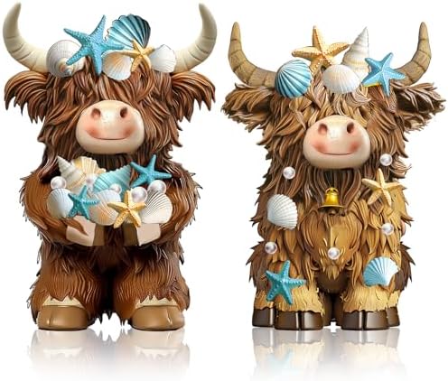 2 Pcs Coastal Highland Cow Figurines Decor, Beach Ocean Style by Burbell