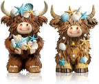 2 Pcs Coastal Highland Cow Figurines Decor, Beach Ocean Style by Burbell