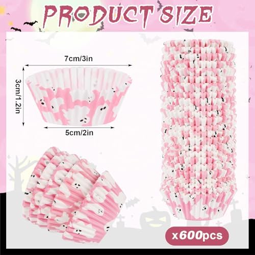 600 Pack Halloween Cupcake Liners Pink Ghost Baking Cups Standard Size Muffin Liners for Halloween Party Candy Cake Decorations Supplies - Image 2