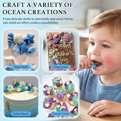HKNMTT Marine Themed Silicone Mold for Polymer Clay Fondant, Seashell Mermaid Tail Starfish Ocean Seahorse Air Dry Clay Craft Cake Decor Wax Melt Chocolate Candy Mould DIY Cupcake Toppers BPA Free - Image 6