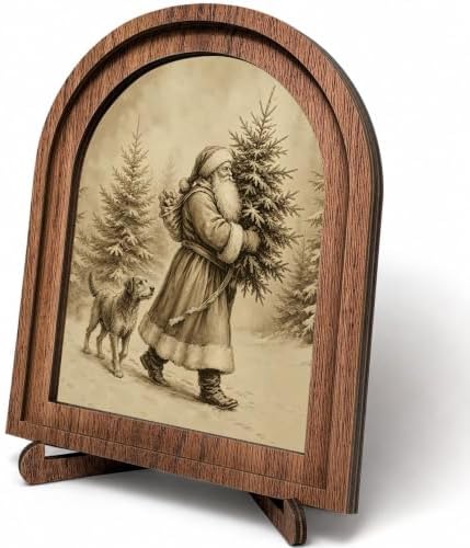 Santa and Dog Winter Forest Arched Table Sign, Rustic Christmas Decor by HPCHENG