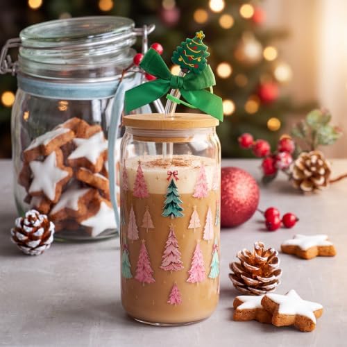 Vesici 6 Set Christmas Glass Cups with Lid Straw & Stopper, Christmas Tree - Image 7