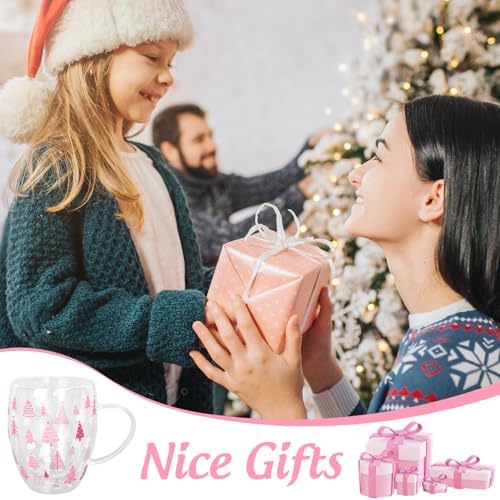 JarThenaAMCS Christmas Double Wall Glass Coffee Mugs 12oz Cute Pink Xmas Tree Insulated Glasses Clear Espresso Cups with Handle for Home Holiday Supplies, Set of 2 - Image 7