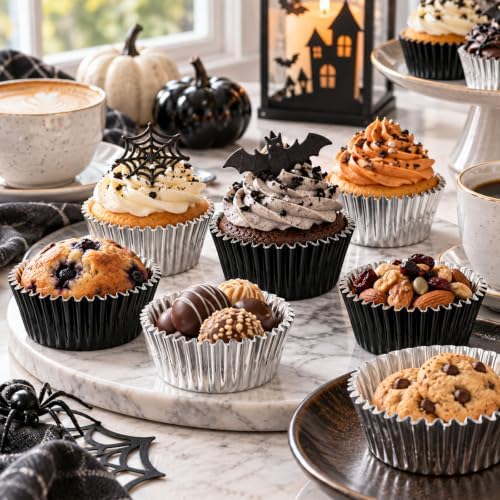 JarThenaAMCS 200Pcs Halloween Foil Cupcake Liners Black Silver - Image 4