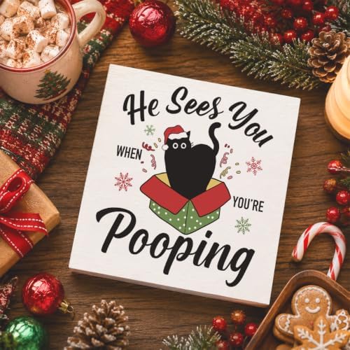 Christmas Bathroom Decor, Funny Black Cat Christmas Decorations, Santa Hat Box Bathroom Table Decoration He Sees You When You're Pooping Wooden Box Sign, Home Shelf Desk Decor for Toilet 5x5 Inches - Image 4