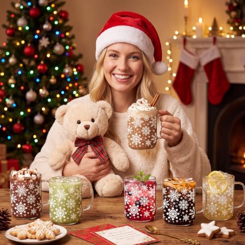 6 Pcs Christmas Glass Mugs with Handle Winter Xmas Coffee Mugs, Snowflakes - Image 6