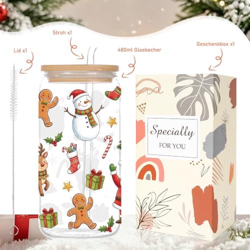 Christmas Glass Cups with Lid and Straw Xmas Winter Holiday Gifts - Image 2