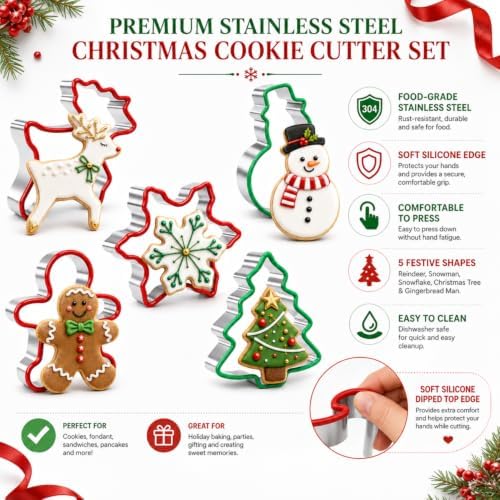 Christmas Cookie Cutter Set, 5-Piece Stainless Steel with Soft Edges - Image 2