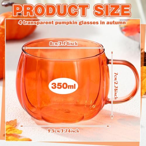Didaey 4 Pcs Fall Pumpkin Coffee Mugs Bulk Orange Thanksgiving Glass Cups - Image 2