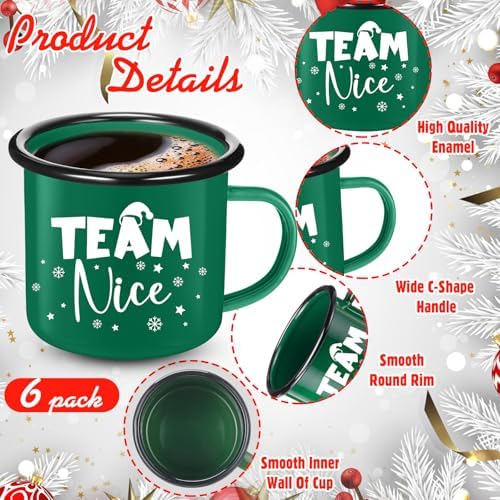 Yaomiao Christmas Enamel Mugs Set of 6 Red or Green Xmas Coffee Mugs Gifts 12 oz Hot Chocolate Holiday Cups with Handle Christmas for Men Women Coworkers Employee Gifts(Team Nice,Red and Green) - Image 2