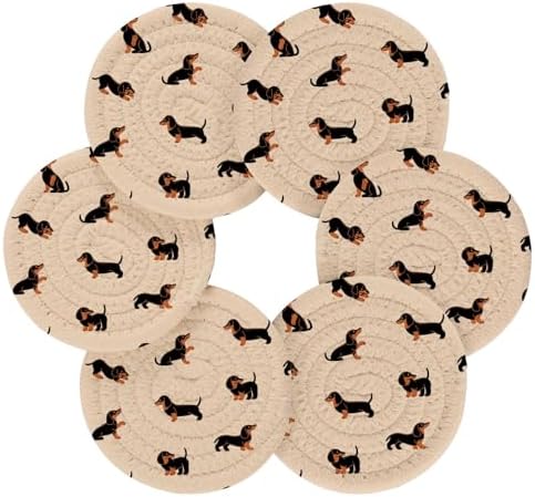 YETTASBIN Cute Dachshund Dog 6 Pcs Drink Coasters with Holder, Cotton Woven Absorbent Heat-Resistant Round Coaster Non-Slip Table Mat for Kitchen Bar Home Decor Housewarming Gift, 3.9 in - Image 2