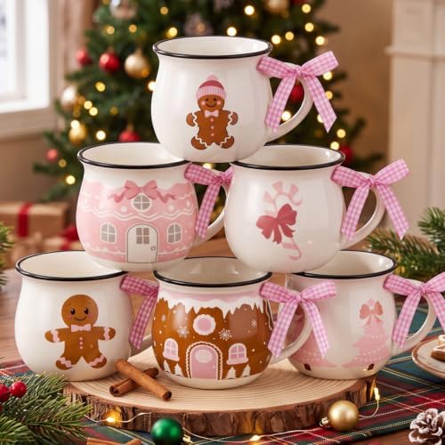 Sawysine 6 Pink Gingerbread Christmas Mugs, 12 oz Ceramic Holiday Cups - Image 6