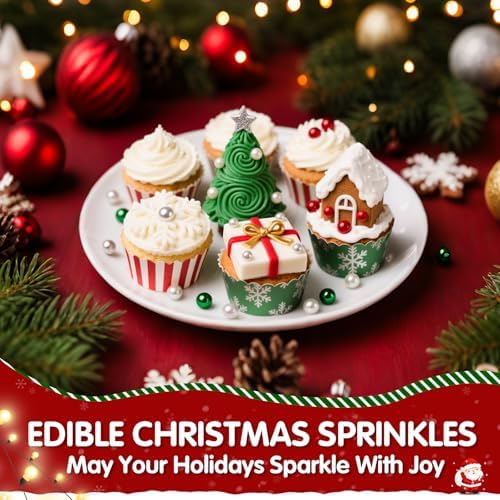 Edible Christmas Sprinkles for Cake Decorating,Red Green White Silver Pearl - Image 2