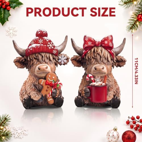 2 Pcs Christmas Highland Cow Figurines, Resin Christmas Decor - Image 3