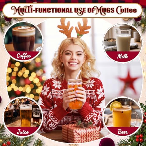 Vesici 6 Set Christmas Glasses Cups 16 oz Xmas Drink Cup with Lid Straw and Stopper Can Shaped Beer Tumbler Christmas Appreciation Gifts with Cards and Bow for Women Birthday Party Favor(Red Plaid) - Image 5
