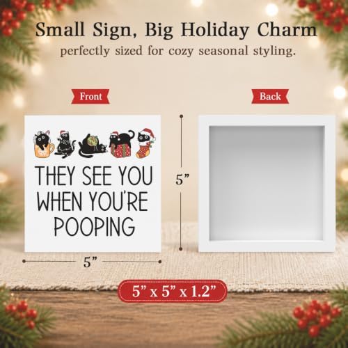 Christmas Bathroom Decor, Funny Black Cat Christmas Decorations, Bathroom Table Decoration They See You When You're Pooping Wooden Box Sign, Home Shelf Desk Decor for Toilet 5x5 Inches - Image 2