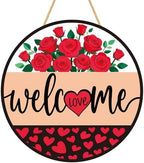 Valentines Day Decorations - Wreath Welcome Sign for Front Door | Rustic Round Wood Wreaths,Heart Rose Garland Outdoor Indoor - Valentines Decor Party Favors Supplies for Door Wall Room Porch Kitchen by OHOME