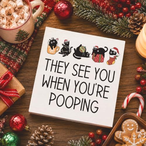 Christmas Bathroom Decor, Funny Black Cat Christmas Decorations, Bathroom Table Decoration They See You When You're Pooping Wooden Box Sign, Home Shelf Desk Decor for Toilet 5x5 Inches - Image 4
