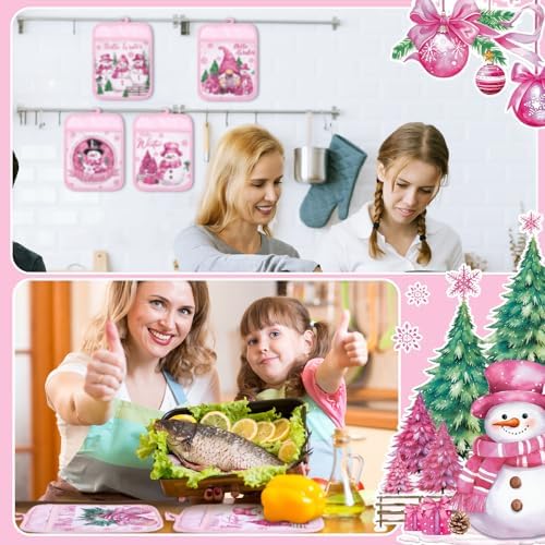 Jingmore 12 Pcs Pink Christmas Pot Holders with Pocket Hello Winter Snowflake Pot Holders Gift Bulk Snowman Gnome Heat Resistant Hot Pads Oven Mitts Cute Oven Gloves for Xmas Kitchen Baking Cooking - Image 6