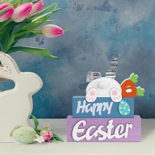 Easter Decorations, MEETYAMOR 3-Layered Easter Bunny with Carrots Farmhouse Wood Block Easter Decor, Happy Easter Sign Easter Egg Design Easter Decorations Indoor for Home, Living Room, Tables, Mantel - Image 3