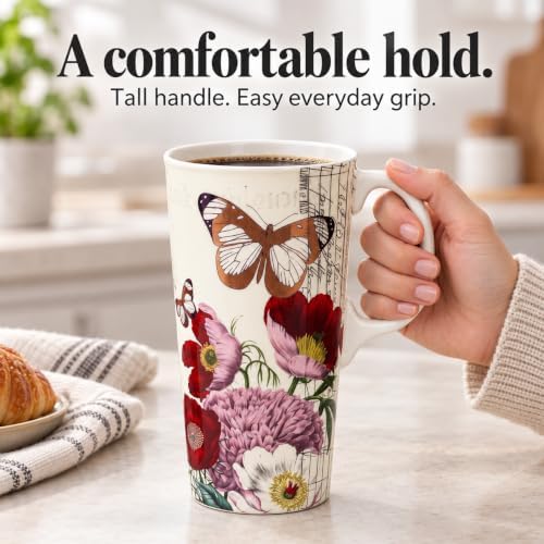 Topadorn 17oz Ceramic Travel Mug with Lid, Vintage Butterfly Floral Mug - Image 6