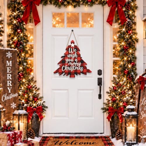 Christmas Decorations Buffalo Plaid Christmas Tree Wooden Hanging Sign - Image 2