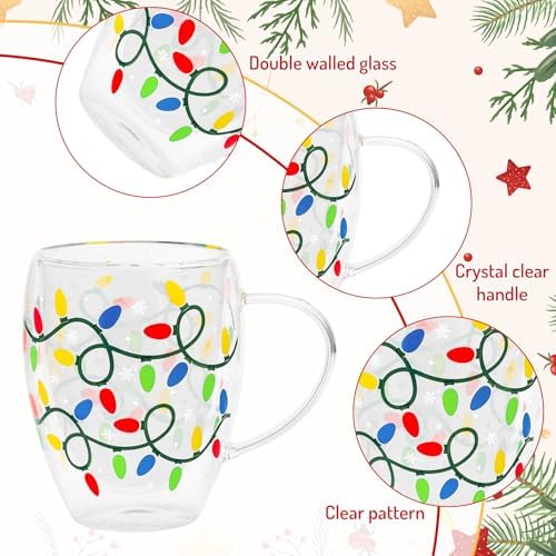 JarThenaAMCS Christmas Double Wall Glass Coffee Mugs 12Oz Colorful Xmas Light Bulb Insulated Glasses Clear Espresso Cups with Handle for Winter Holiday Supplies, Set of 2 - Image 3