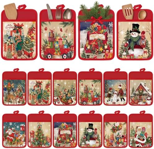 Jingmore 12 Pcs Christmas Pot Holders with Pocket Retro Oven Mitts Bulk by Jingmore