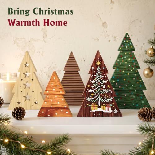 Christmas Decor 5 Pcs Wooden Tabletop Christmas Tree Decorations Sign - Image 2