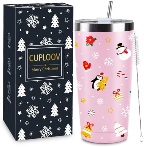 Christmas Gifts for Women 2025, 20 oz Pink Stainless Steel Christmas Coffee Tumblers with Lid and Straw, Insulated Coffee Travel Mug, Best Xmas Themed Gifts for Women Men Girls Teachers Coworkers by CUPLOOV