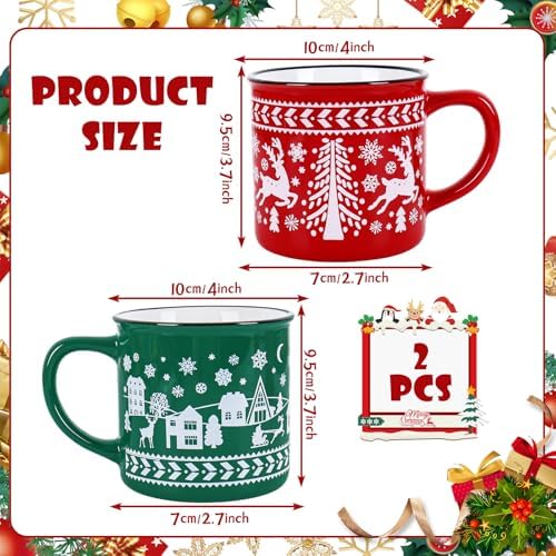 JarThenaAMCS 2Pcs Christmas Enamel Mugs Red Green Christmas Tree Snowflake Elk Ceramic Coffee Cups with Handle Holiday Drinking Mugs for Xmas Winter Party - Image 2