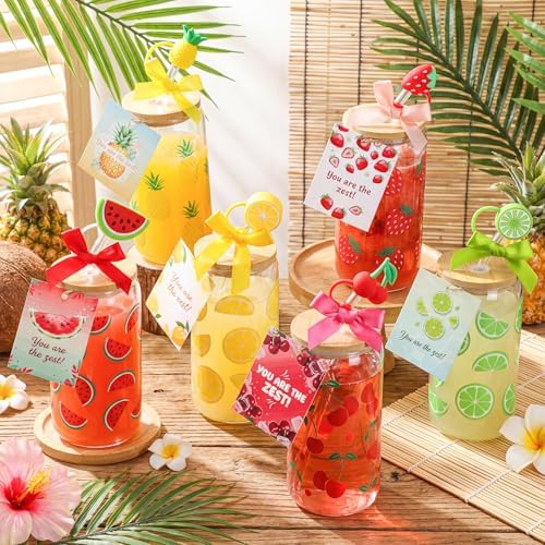 Vesici 6 Set Summer Glass Cups 16 oz Lemon Watermelon Lime Cherry Drinking Tumbler with Lid Straw and Stopper Can Shaped Juice Cup Appreciation Gifts with Cards and Bow for Summer Party Favor Decor - Image 4