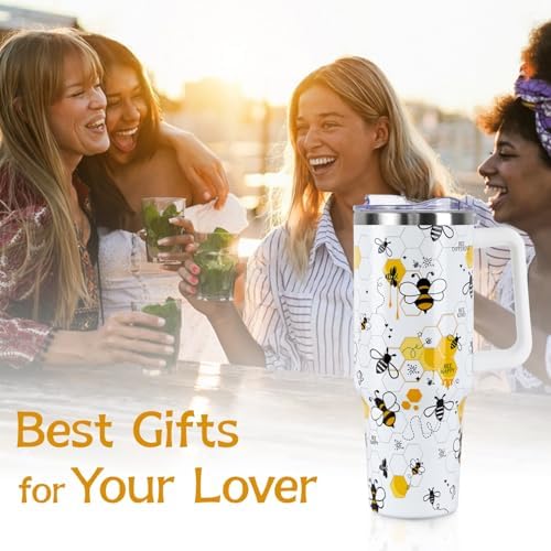 Spring Summer Bee Tumbler with Handle and Straw Lid 40 oz,Cute Be Kind, Different, Queen Bee Honeycomb Gift for Women Men Vacuum Insulated Leak Proof Stainless Steel Coffee Cup Mug - Image 7