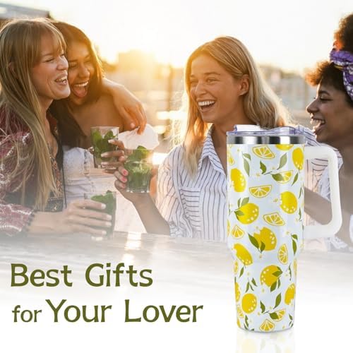Floral Lemon Tumbler with Handle and Straw Lid 40 oz,Cute Spring Summer Gift for Women Men Friends Boho Flowers Vacuum Insulated Leak Proof Stainless Steel Coffee Cup Mug - Image 7