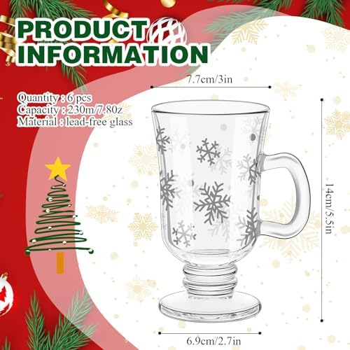 Sliner Set of 6 Christmas Glass Coffee Mugs with Handle 8 oz Clear Irish Coffee Mugs Footed Irish Glasses Xmas Glasses Winter Holiday Cups for Beverages Latte Hot Chocolate(6 Pcs,Snowflake) - Image 4