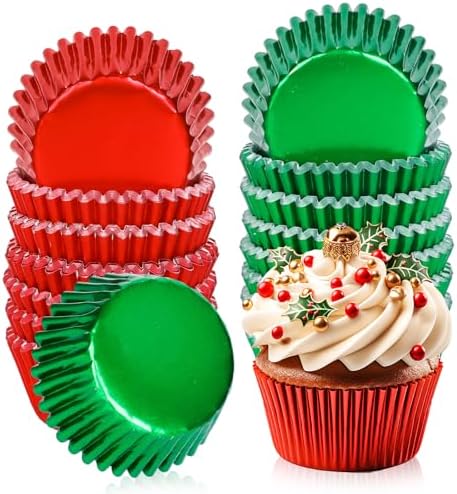JarThenaAMCS 200Pcs Christmas Foil Cupcake Liners Xmas Red Green Foil Metallic Baking Cups Cupcake Wrappers Muffin Liners for Holiday Party Supplies by JarThenaAMCS