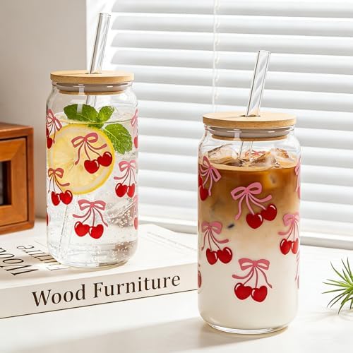 Cherries Bows Glass Cups -Set of 4, 18OZ Cherry Decor Iced Coffee Cups - Image 5