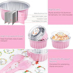 60Pcs Mini Cake Pans with Lids Aluminum Foil, ZOXILEN 5oz Disposable Mini Loaf pans with Lids and Spoons, Small Baking Cups Pie Tins Muffin Pan Cheesecake Containers for Party Pink Round - Image 3