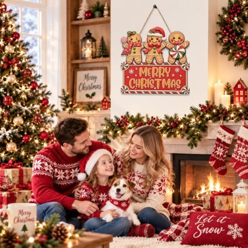 Christmas Decorations Gingerbread Trio Merry Christmas Hanging Wooden Sign - Image 5