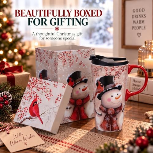 Topadorn Christmas Ceramic Travel Mug with Lid, 17 oz, Snowman & Cardinal - Image 5