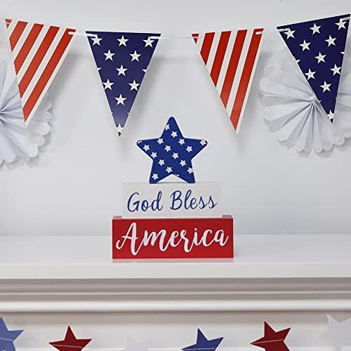 MEETYAMOR 4th of July Decorations, Memorial Day God Bless America Wooden Block Sign with Star, 250th Anniversary Patriotic Independence Day Decor for The Home Tiered Tray Shelf Table Tabletop Mantel - Image 2