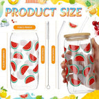 Vesici 6 Set Summer Glass Cups 16 oz Lemon Watermelon Lime Cherry Drinking Tumbler with Lid Straw and Stopper Can Shaped Juice Cup Appreciation Gifts with Cards and Bow for Summer Party Favor Decor - Image 2