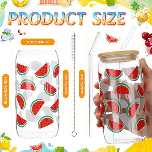 Vesici 6 Set Summer Glass Cups 16 oz Lemon Watermelon Lime Cherry Drinking Tumbler with Lid Straw and Stopper Can Shaped Juice Cup Appreciation Gifts with Cards and Bow for Summer Party Favor Decor - Image 2