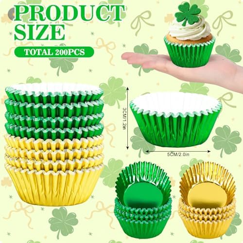 JarThenaAMCS 200Pcs St. Patrick's Day Foil Cupcake Liners Baking Cups Green Gold Foil Metallic Cupcake Wrappers Muffin Liners for Irish Holiday Birthday Party Supplies - Image 2