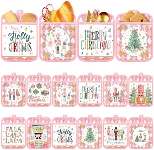 Jingmore 12 Pcs Pink Christmas Pot Holders with Pocket for Kitchen by Jingmore