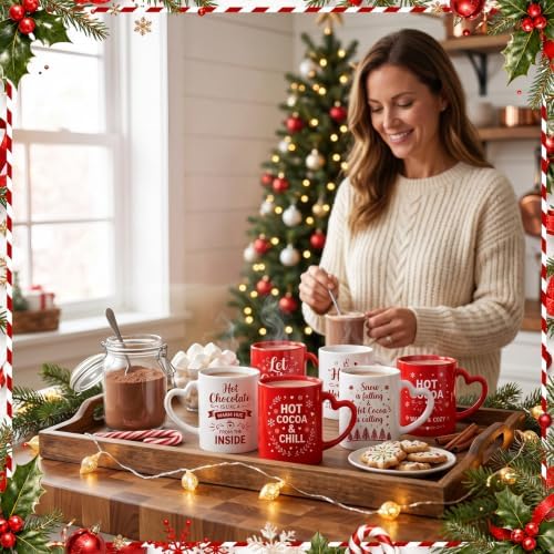 Christmas Coffee Mugs with Heart Handles, 6 Pack 10 Oz Cups - Image 5