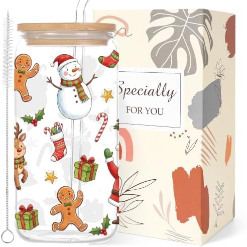 Christmas Glass Cups with Lid and Straw Xmas Winter Holiday Gifts by Shejdgart