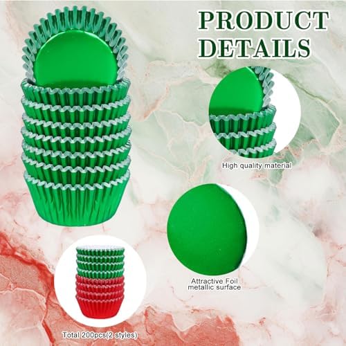 JarThenaAMCS 200Pcs Christmas Foil Cupcake Liners Xmas Red Green Foil Metallic Baking Cups Cupcake Wrappers Muffin Liners for Holiday Party Supplies - Image 3