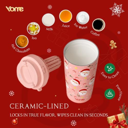 YOME 17oz Christmas Ceramic Lined Insulated Coffee Mug with Infuser for Women Gift| One-handed Pop Open Lid | Stainless Steel |Keep Drinks Cold and Hot| 100% Leak Proof - Image 3